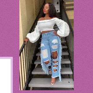 Denim Jeans with Side Fringes and Rhinestones